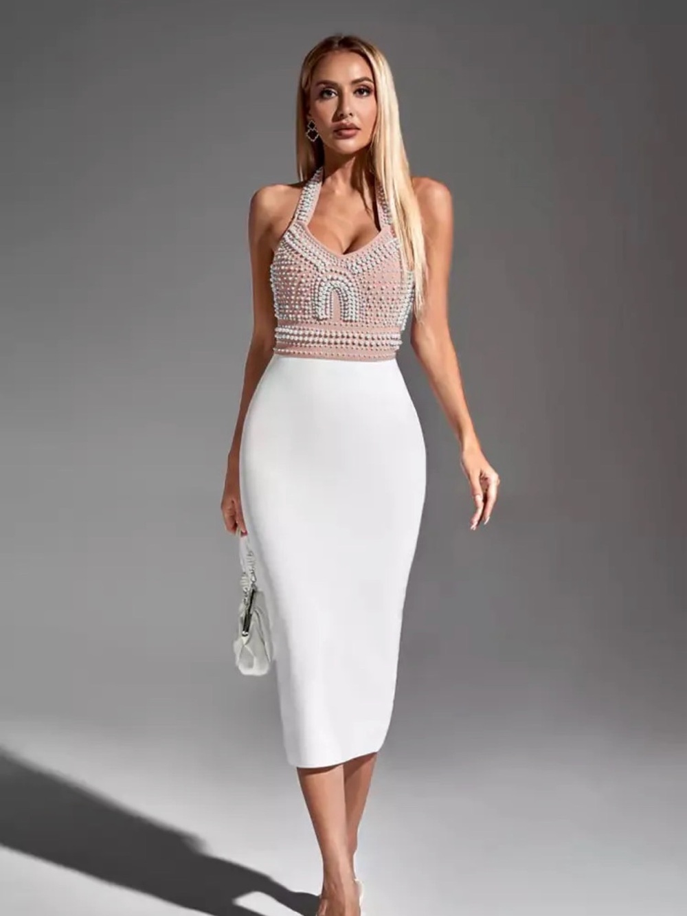 NWT Bella Barnett Nude Beaded Top White Bottom Midi Dress